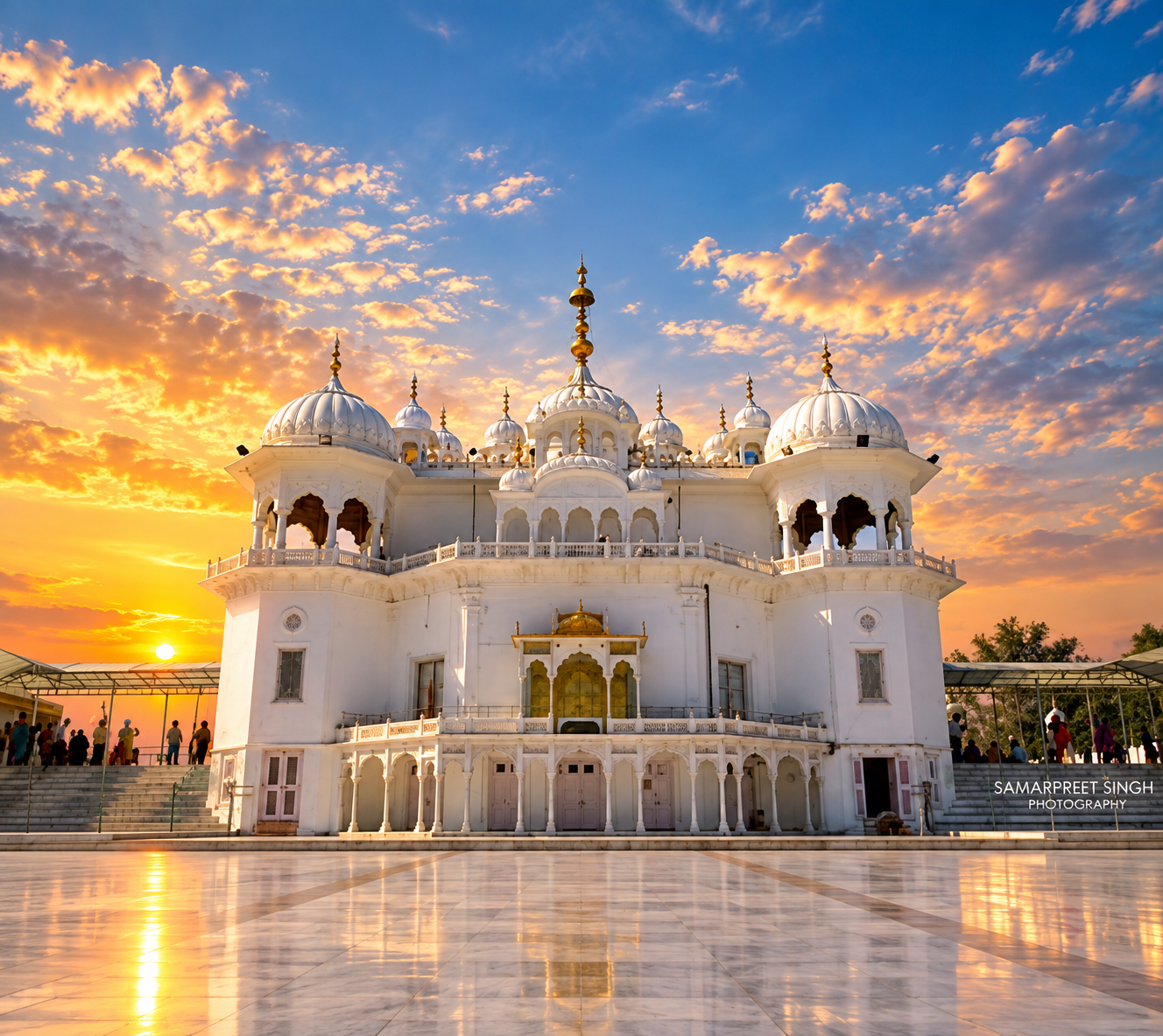 White marble gurdwara with golden domes at Anandpur Sahib, birthplace of the Khalsa