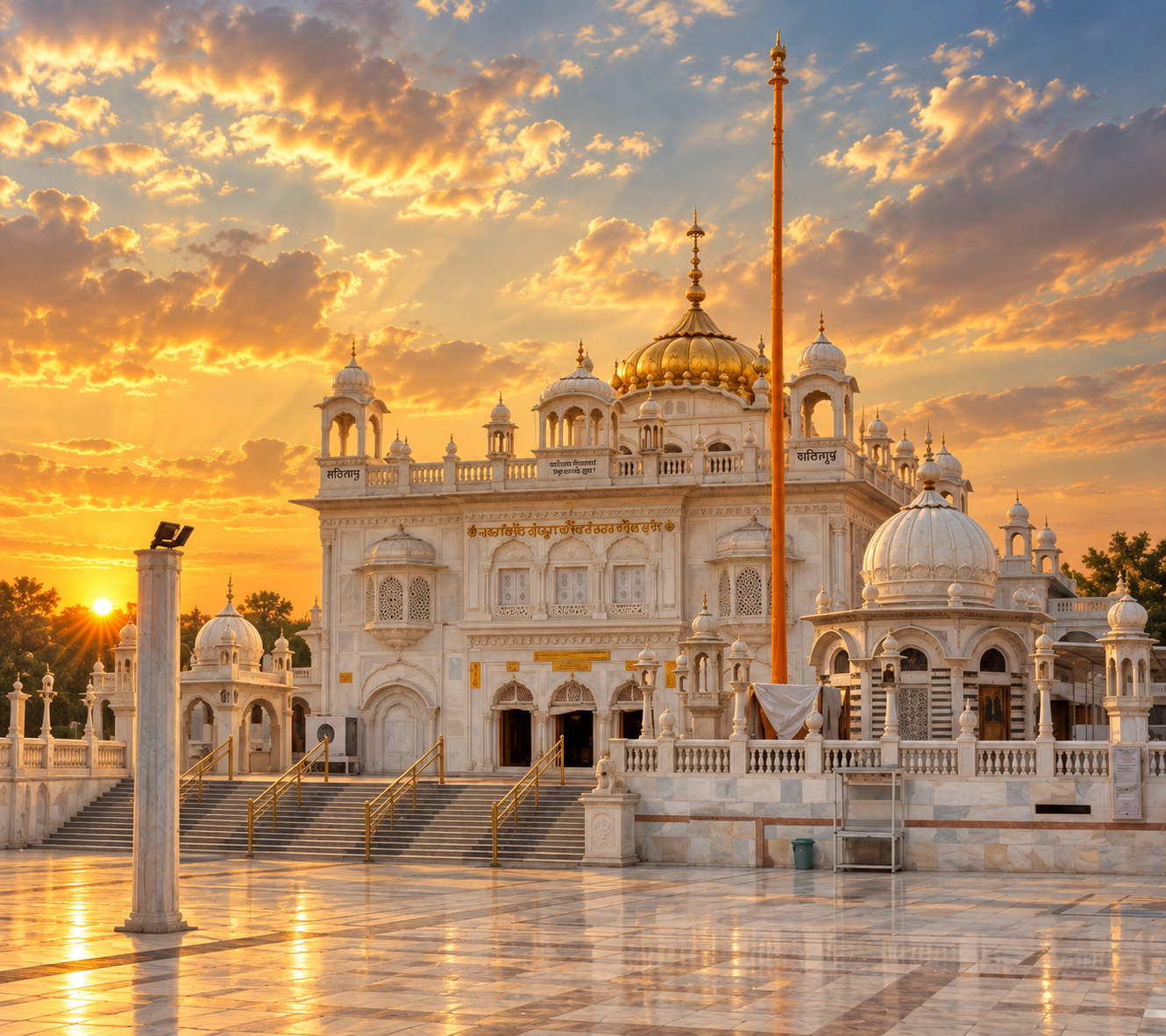 Takht Sri Hazur Sahib with white marble and gold architecture on the banks of the Godavari River in Nanded