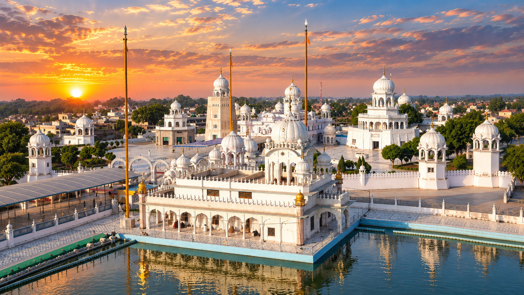 Gurdwara Damdama Sahib at Talwandi Sabo with white marble walls and golden domes