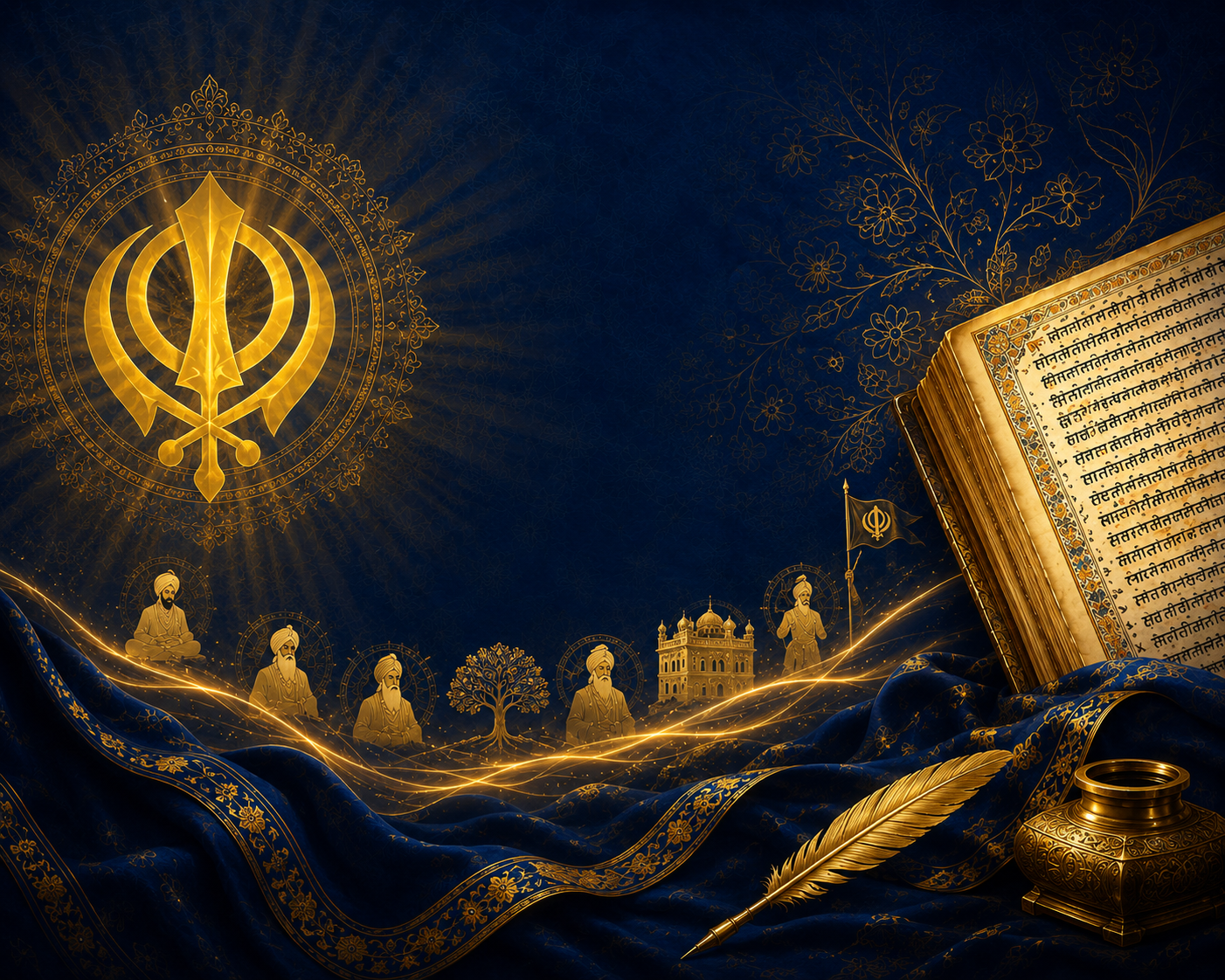 The Ten Sikh Gurus represented through Sikh symbols, scripture and sacred places