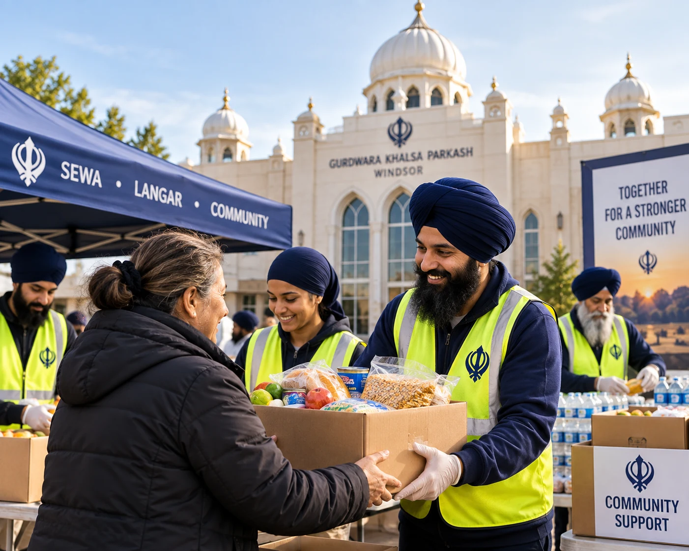 Volunteers distributing food support outside Gurdwara Khalsa Parkash