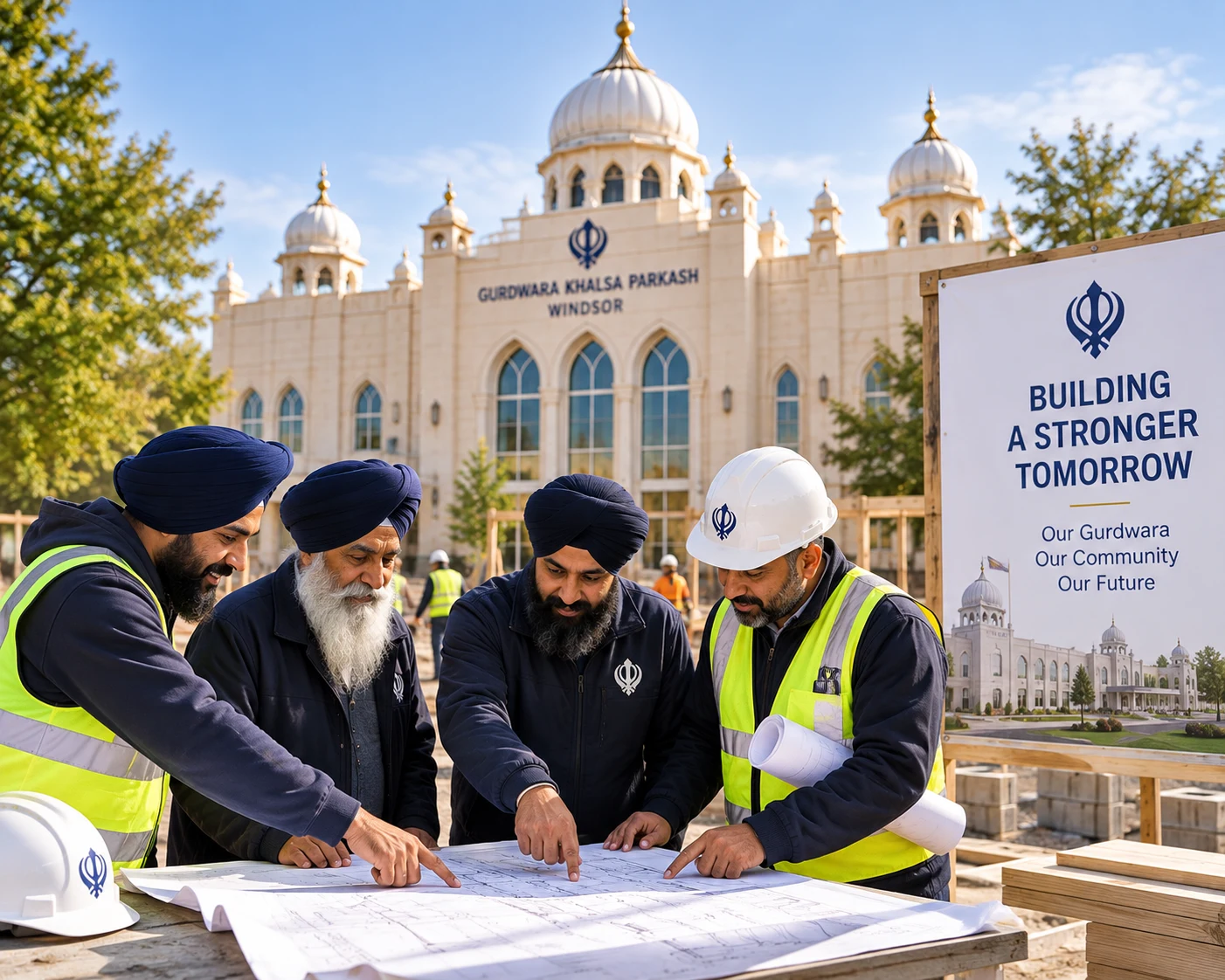 Volunteers reviewing building plans outside Gurdwara Khalsa Parkash
