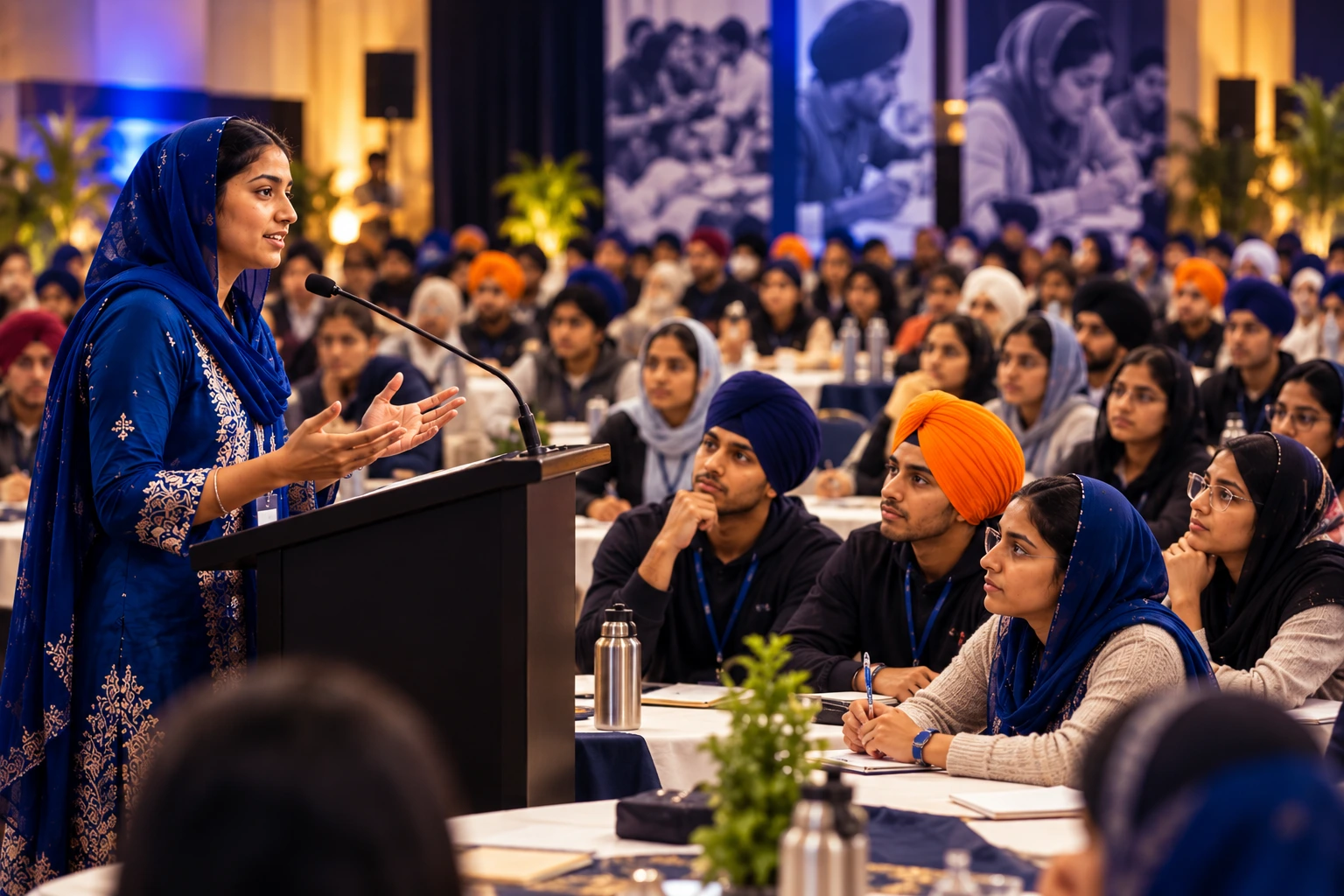 Symposium artwork showing a young Sikh speaker addressing an attentive audience