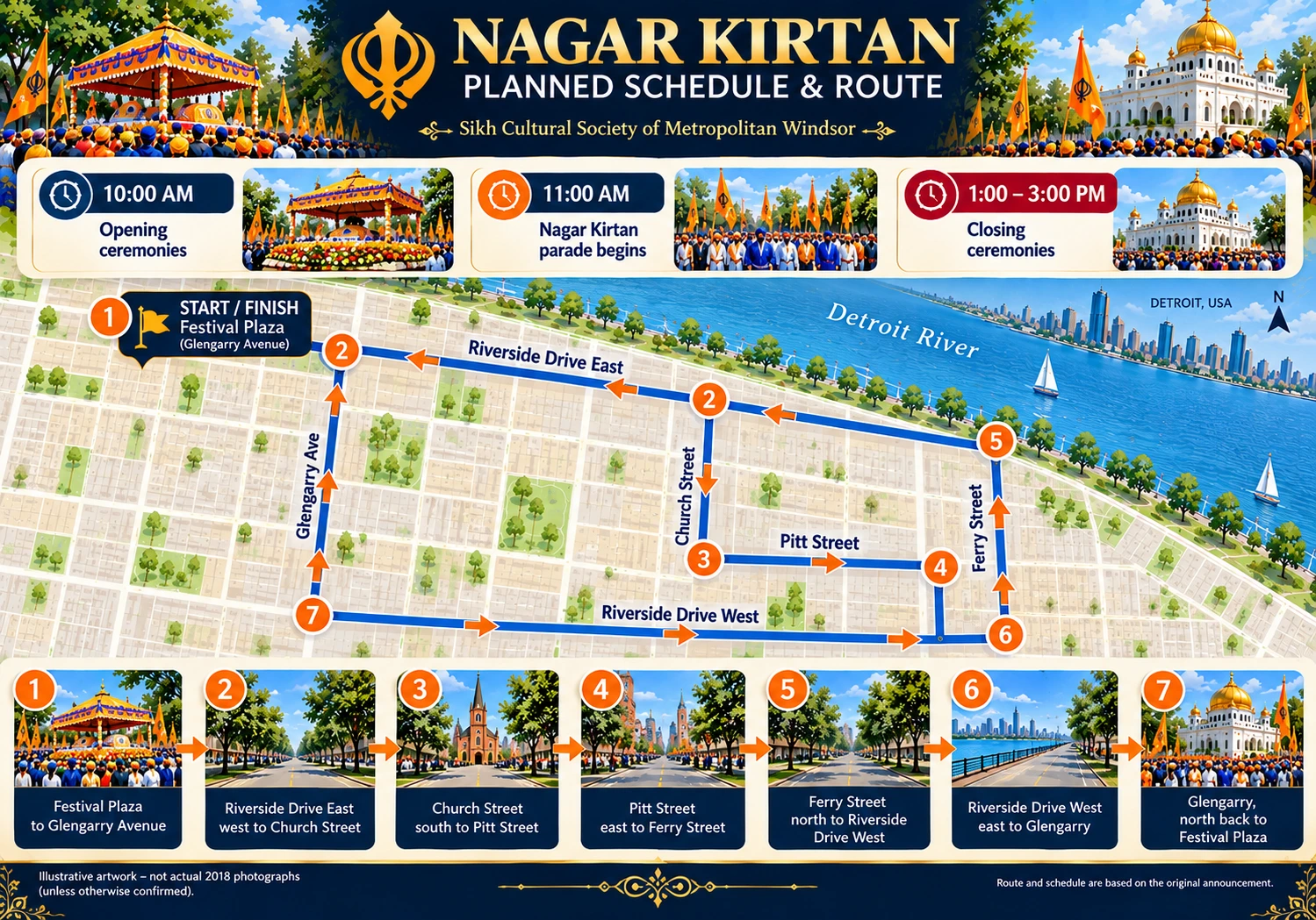 Illustrative Nagar Kirtan planned schedule and route poster. Read the documented schedule and route below for accurate details.