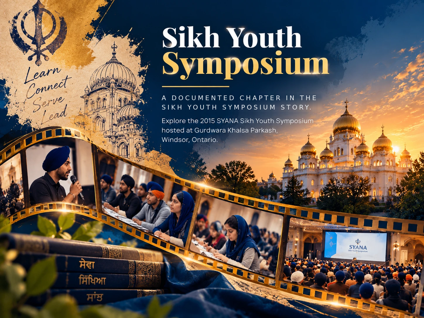 Sikh Youth Symposium artwork with Sikh symbols, a sunset Gurdwara illustration and a filmstrip collage